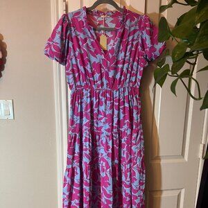 NWT Women's Joiful Pink & Blue Floral Tiered Midi Dress - Size Medium